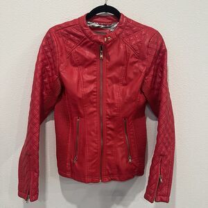 Vintage BB Winter Red Faux Leather Jacket Snake Print lining Small Retro Moto